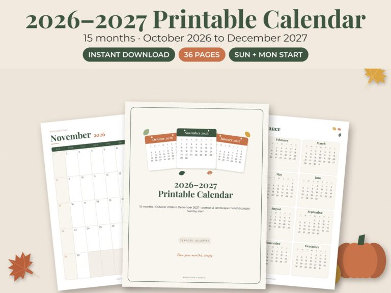 15-Month 2026-2027 Printable Calendar