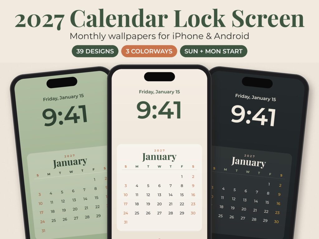2027 Calendar Lock Screen Wallpaper