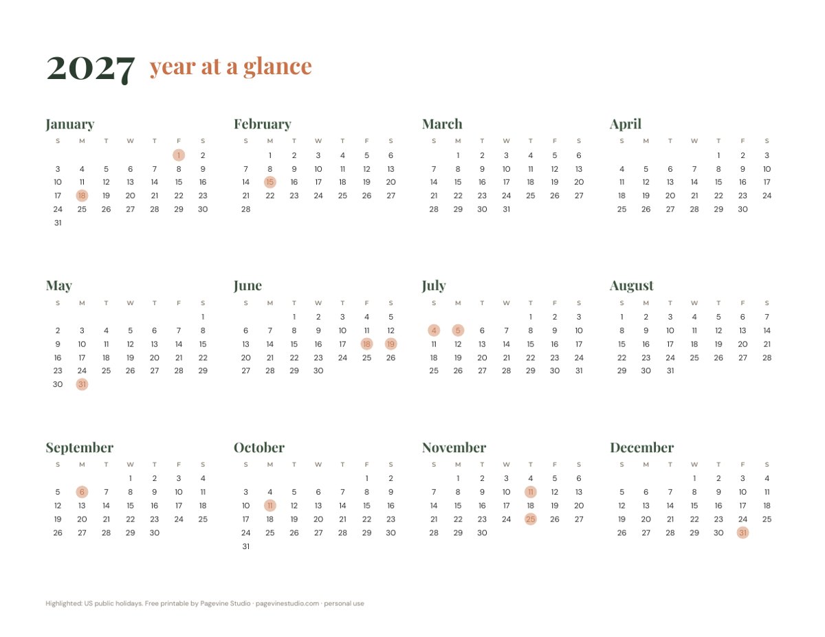 2027 calendar printable year at a glance with holidays