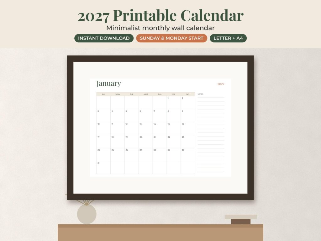 2027 Minimalist Printable Wall Calendar