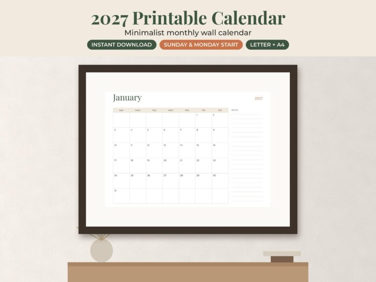 2027 Minimalist Printable Wall Calendar
