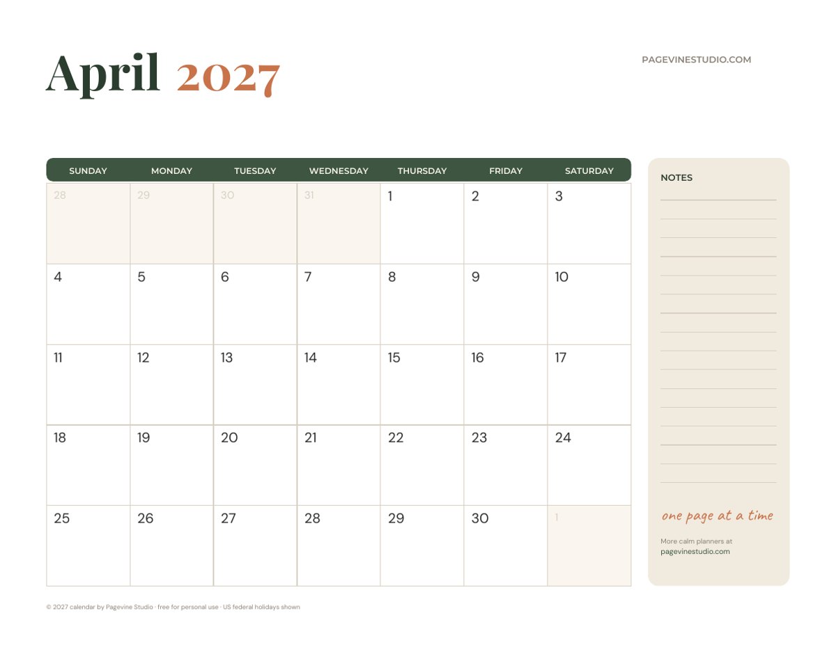 April 2027 calendar