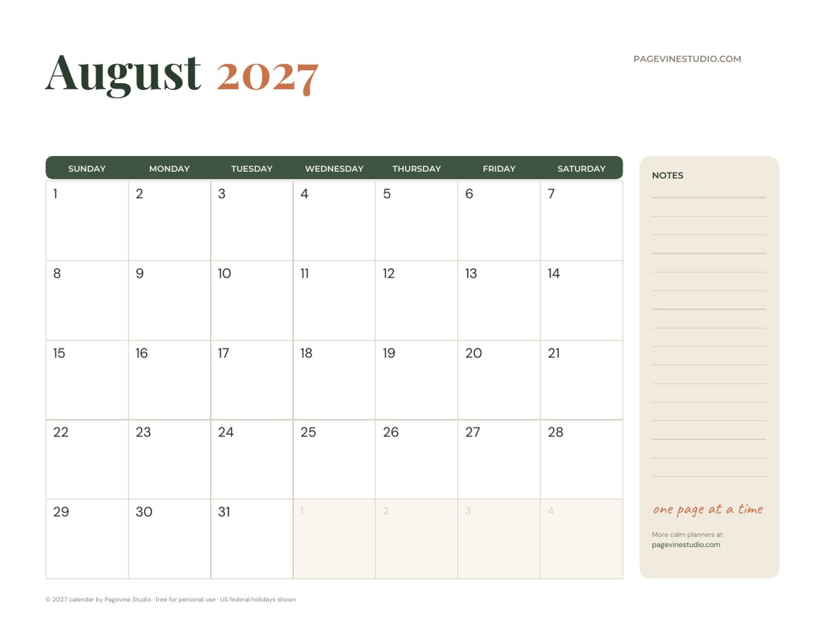 August 2027 calendar