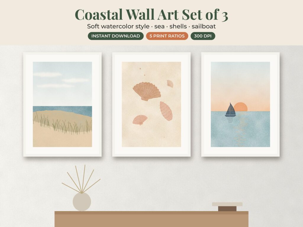 Coastal Watercolor Prints Set of 3