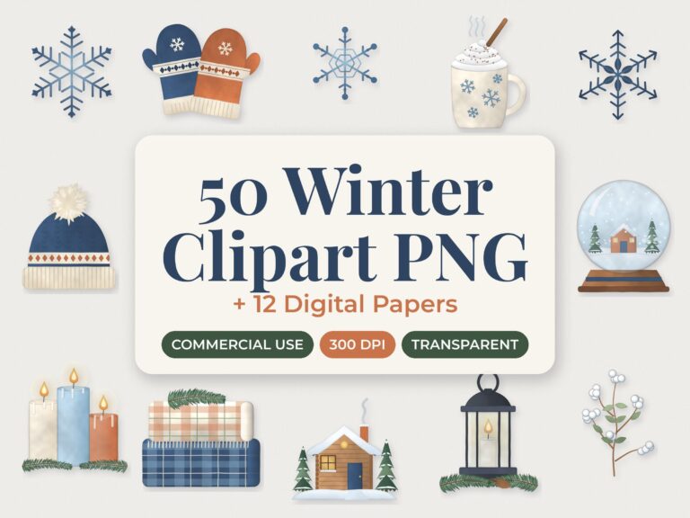 Cozy Winter Clipart and Digital Paper Bundle