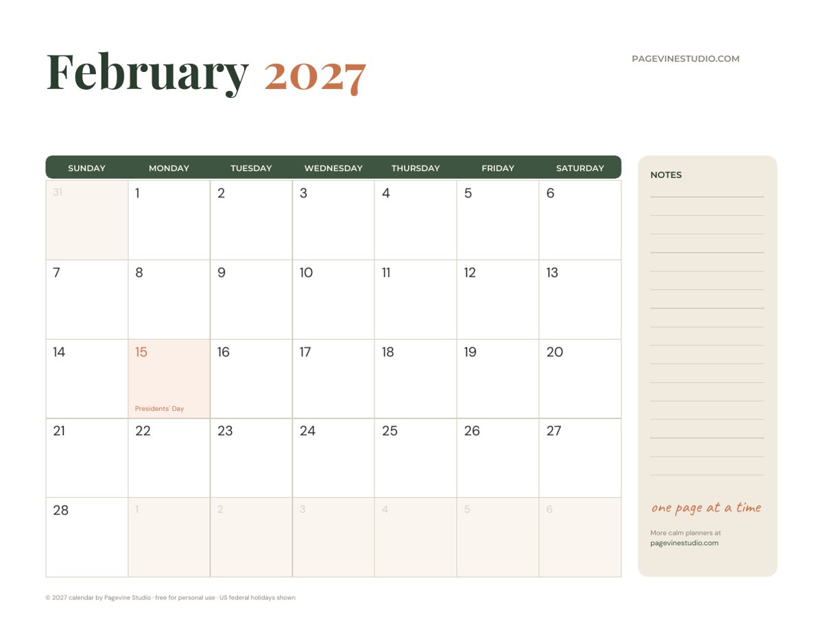 February 2027 calendar