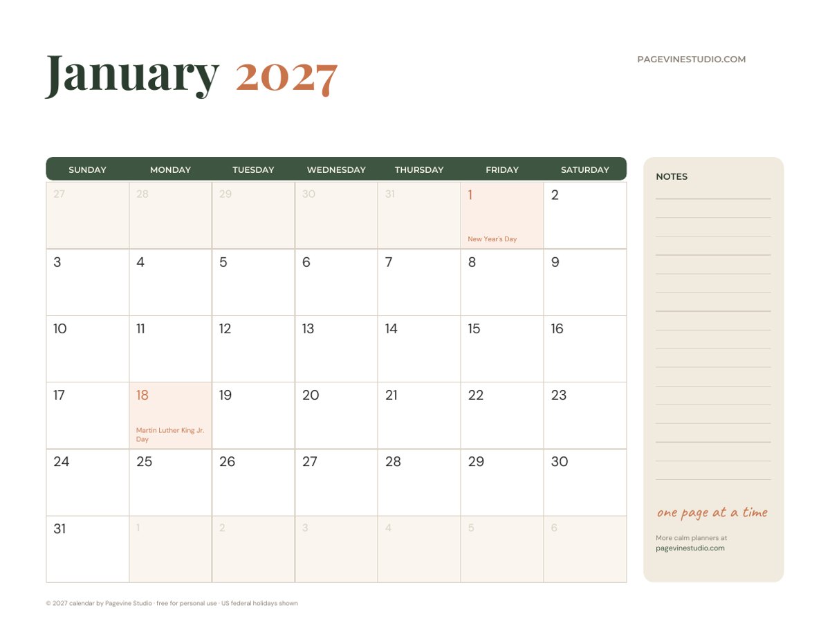 January 2027 calendar