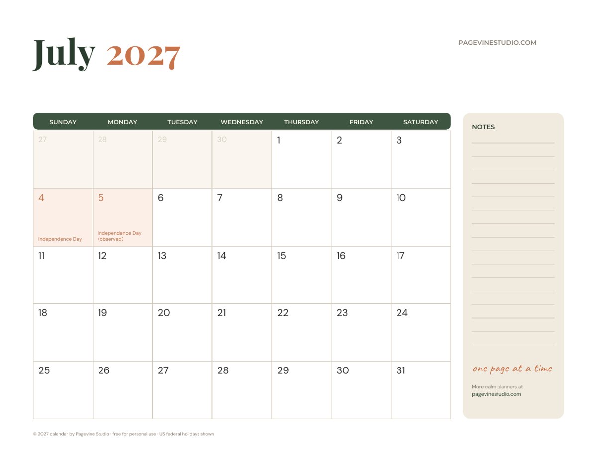 July 2027 calendar