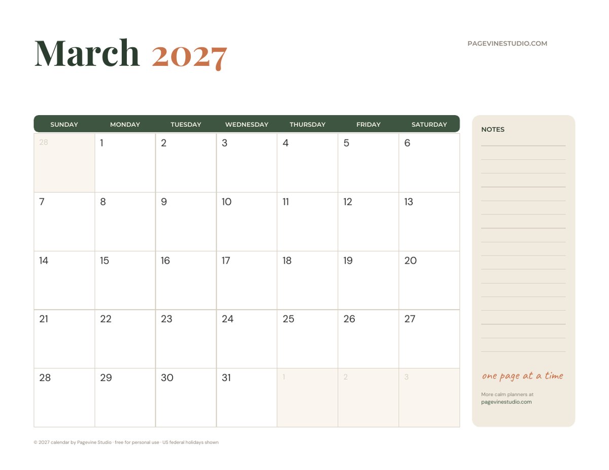 March 2027 calendar