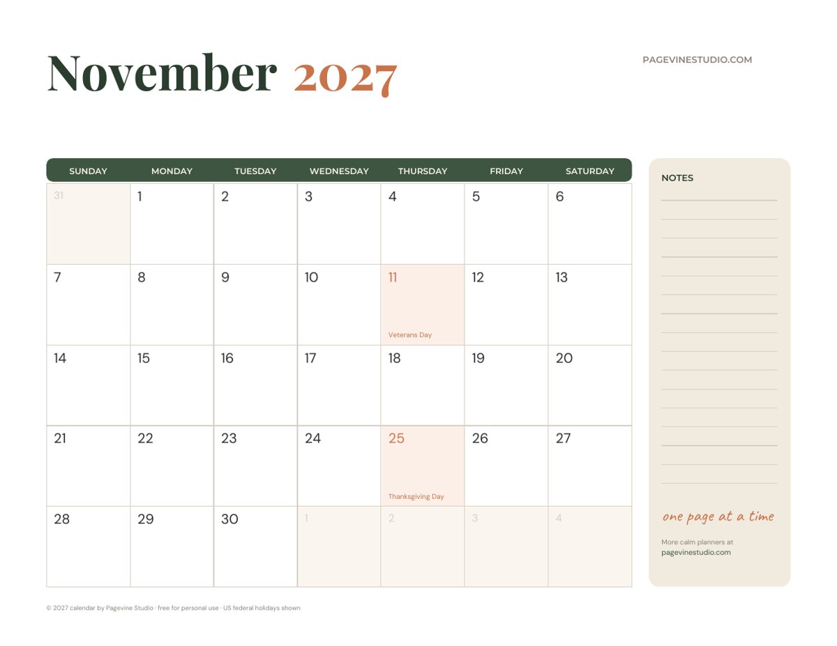 November 2027 calendar