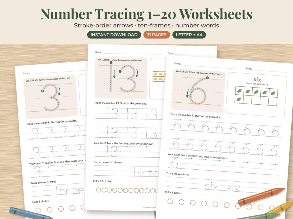 Number Tracing Worksheets 1-20