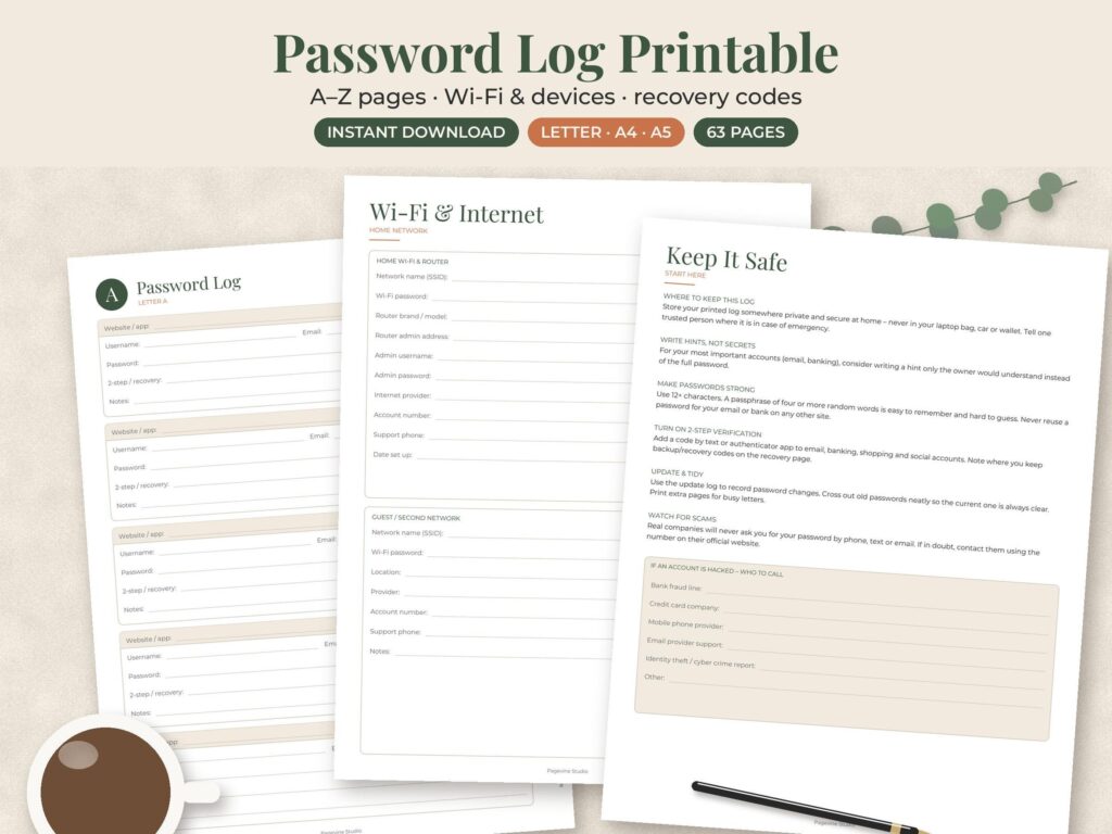 Password Log Organizer Insert