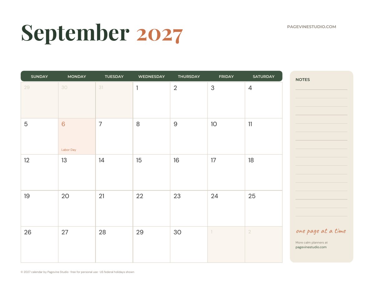 September 2027 calendar