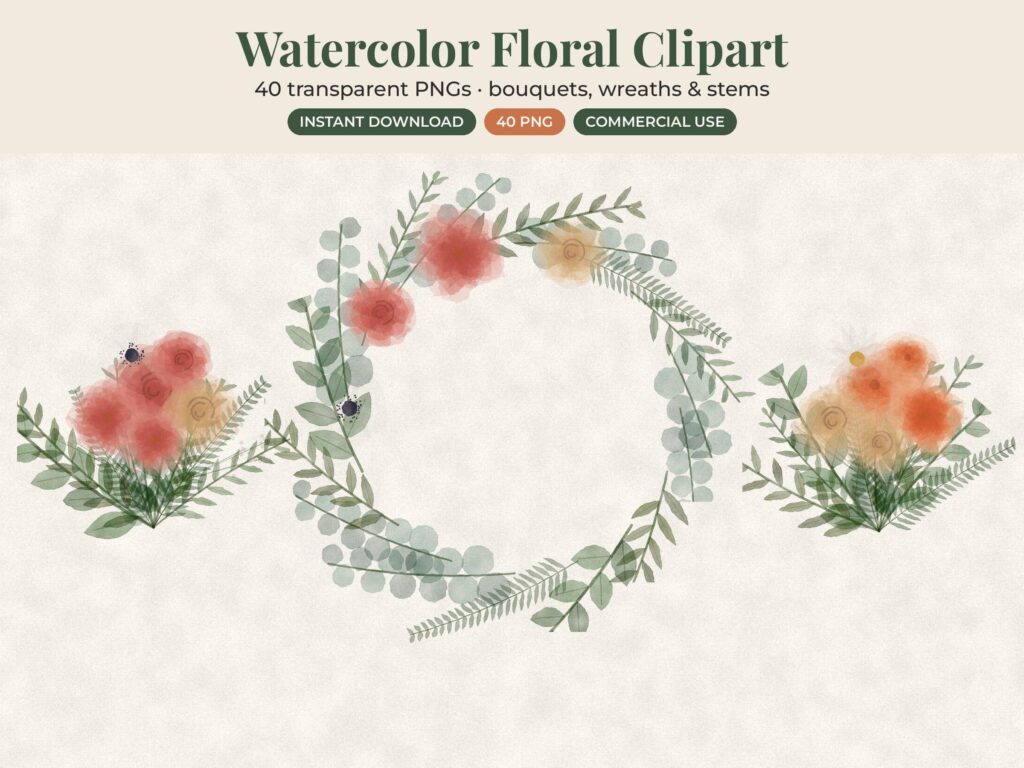 Watercolor Flower Bouquets and Wreaths Clipart